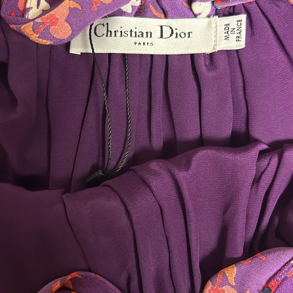 Vintage Christian Dior Silk Floral Dress Purple Ruffle Neck Midi 90s US 8 - Picture 9 of 10